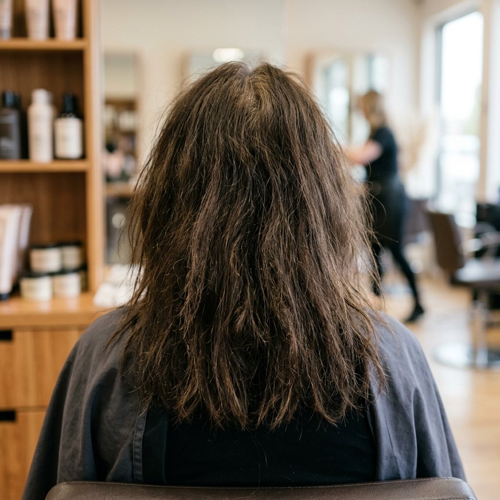 Client hair before styling transformation at Bounce & Craft salon