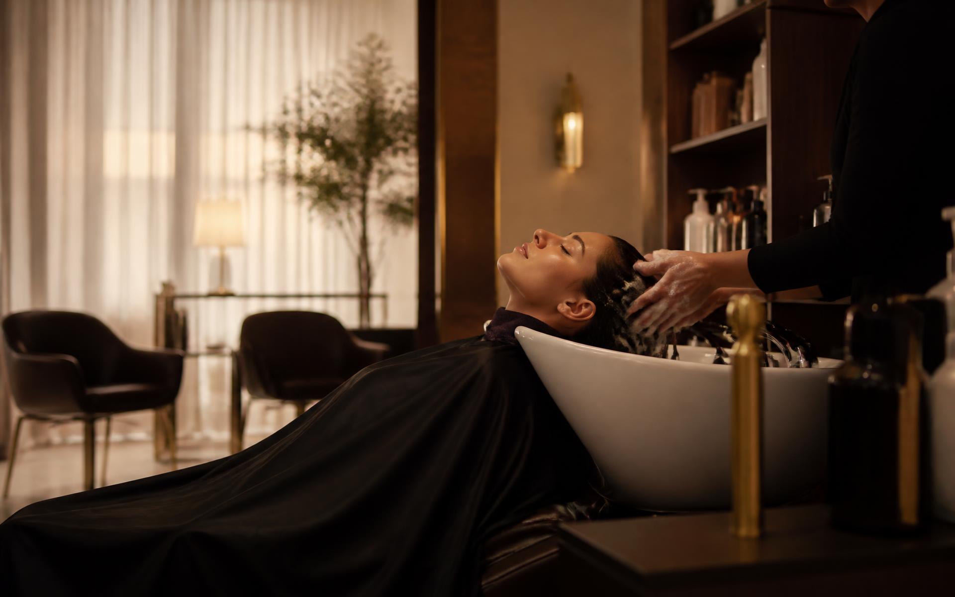 Client relaxing during a hair treatment at Bounce & Craft unisex salon in Bengaluru